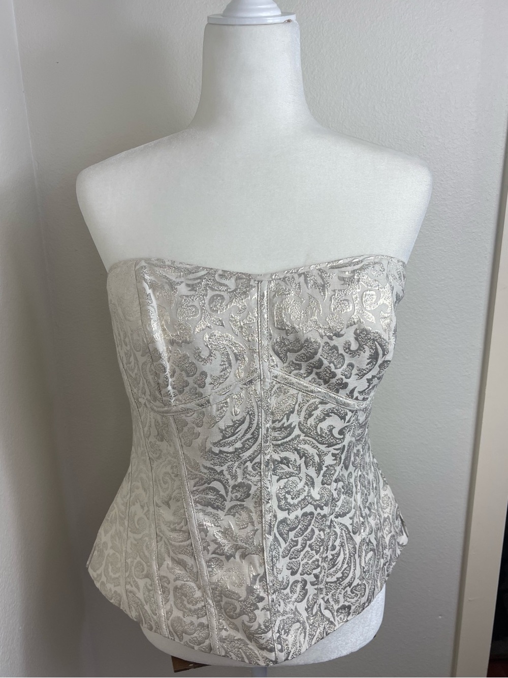 White House Black Market Gold Metallic Brocade Strapless Corset Top Size 12